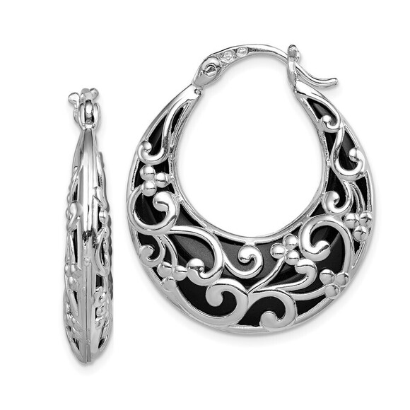 925 Sterling Silver Genuine RH-plated Polished Onyx Filigree Round Hoop Earrings